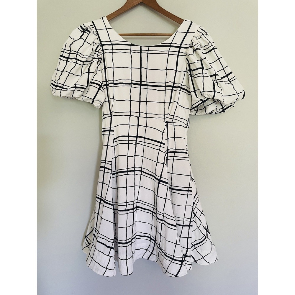 Aureta Linen Blend Puff Sleeve Mini Dress Abstract Grid Check Open Back Size S - Picture 2 of 13